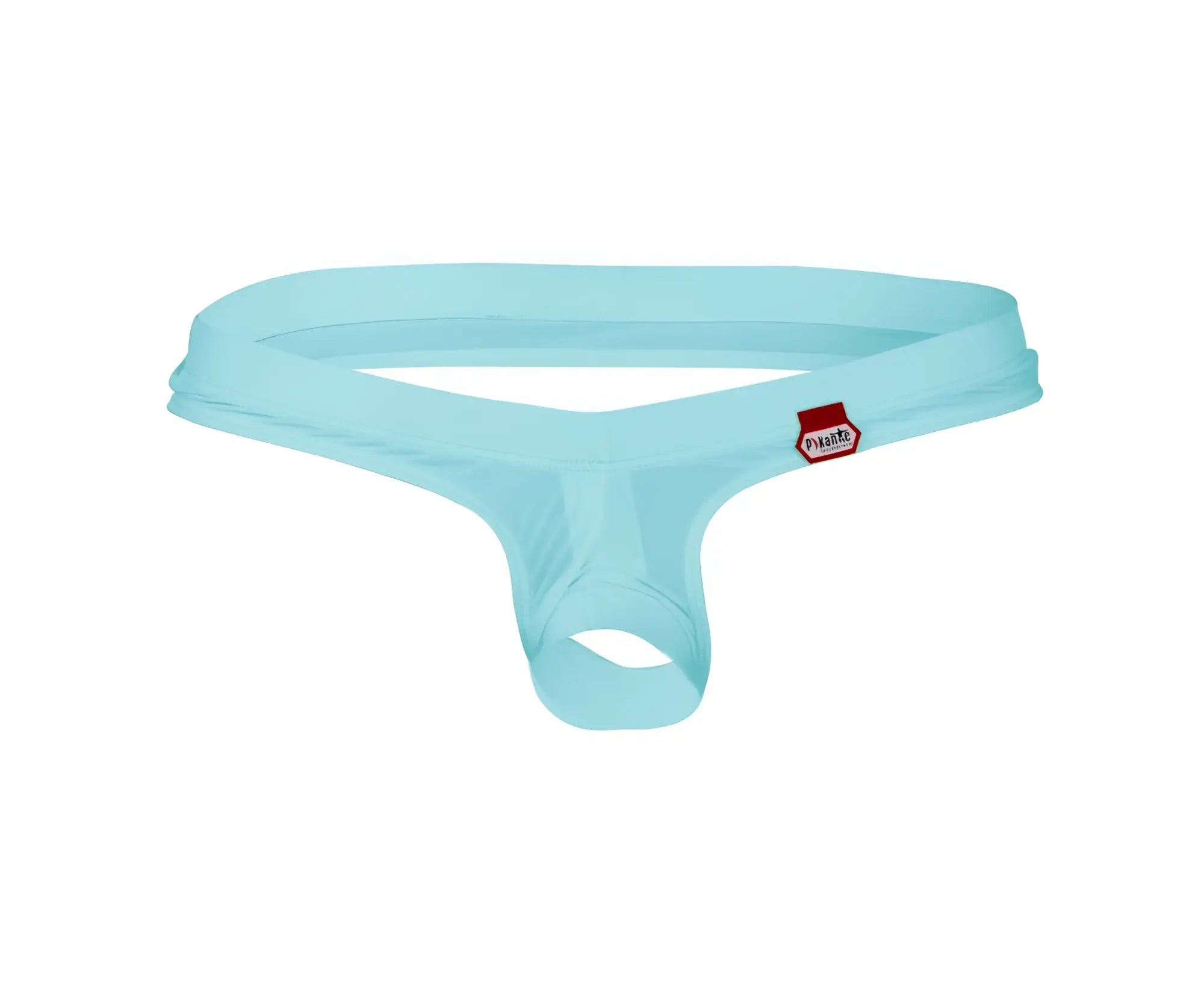 Light blue pikante pik 0980x angola ball lifter c-ring thong with small red brand tag on waistband front view