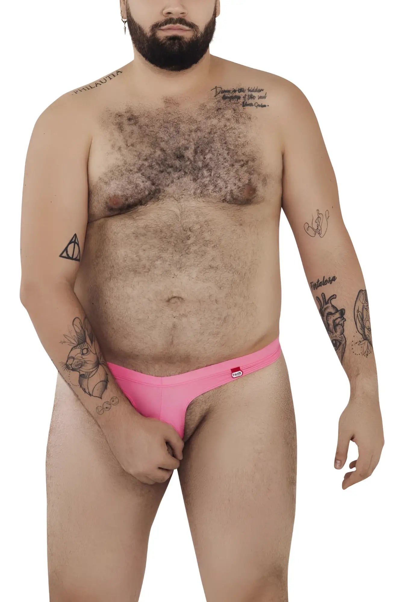 Bright pink snug-fitting pikante pik 0980x angola ball lifter c-ring briefs with red logo on waistband front view