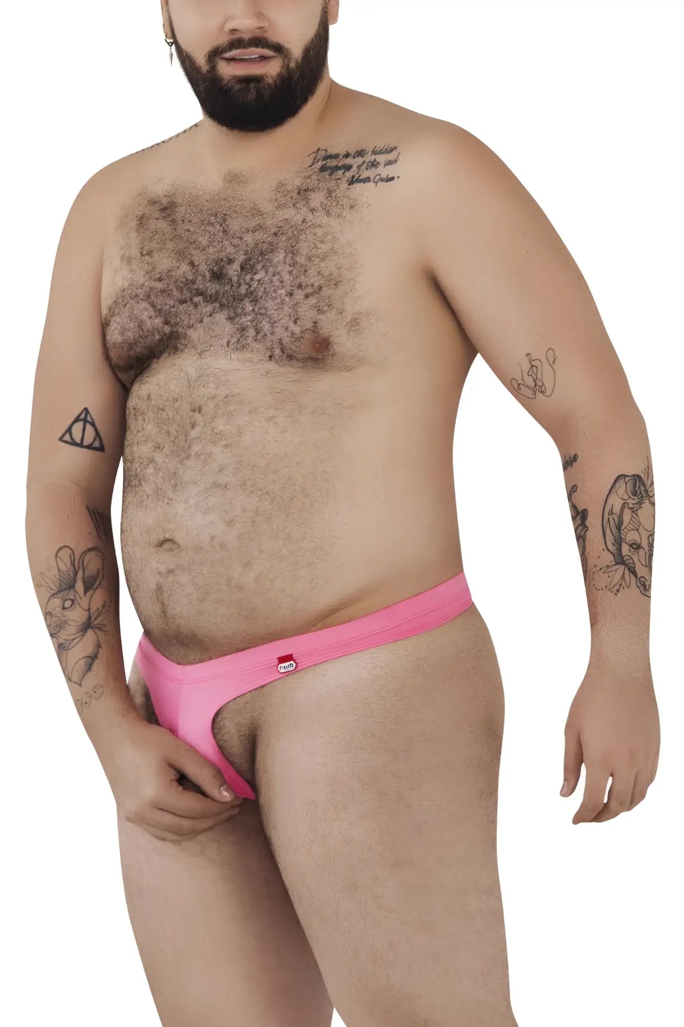 Bright pink pikante PIK 0980X Angola ball lifter C-ring briefs with smooth texture and red white logo on left hipband
