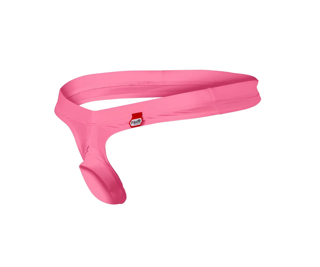 Pink fabric men’s jockstrap with c-ring ball lifter and small red and white Pikante brand tag visible