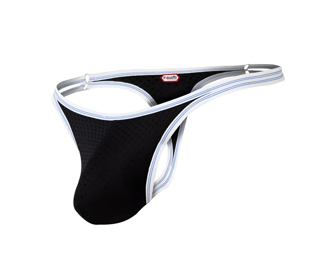 Black mesh thong with white and light blue striped trim and red dyknite label on waistband from pikante pik 0983 novo