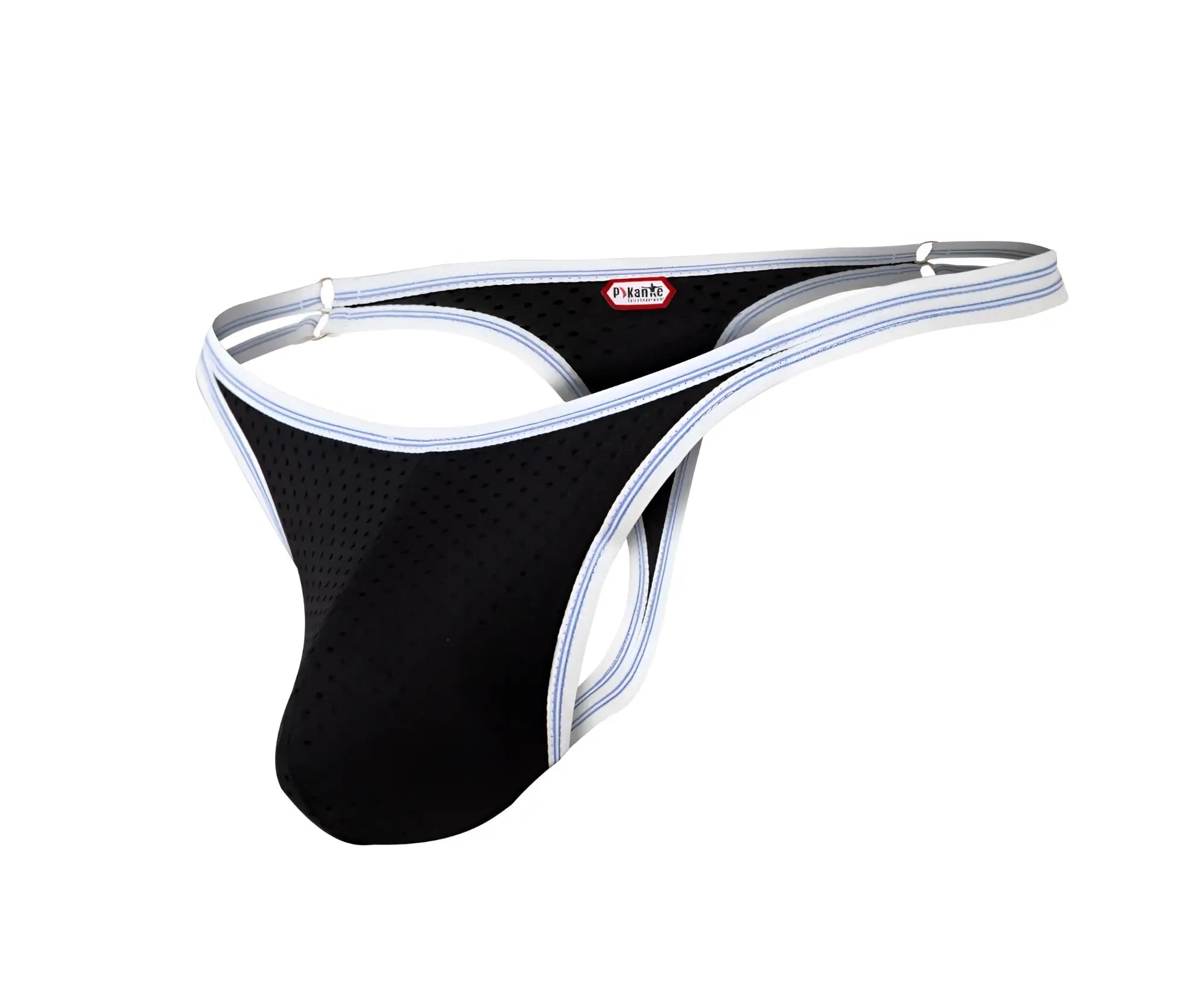 Black mesh thong with white and light blue striped trim and red dyknite label on waistband from pikante pik 0983 novo