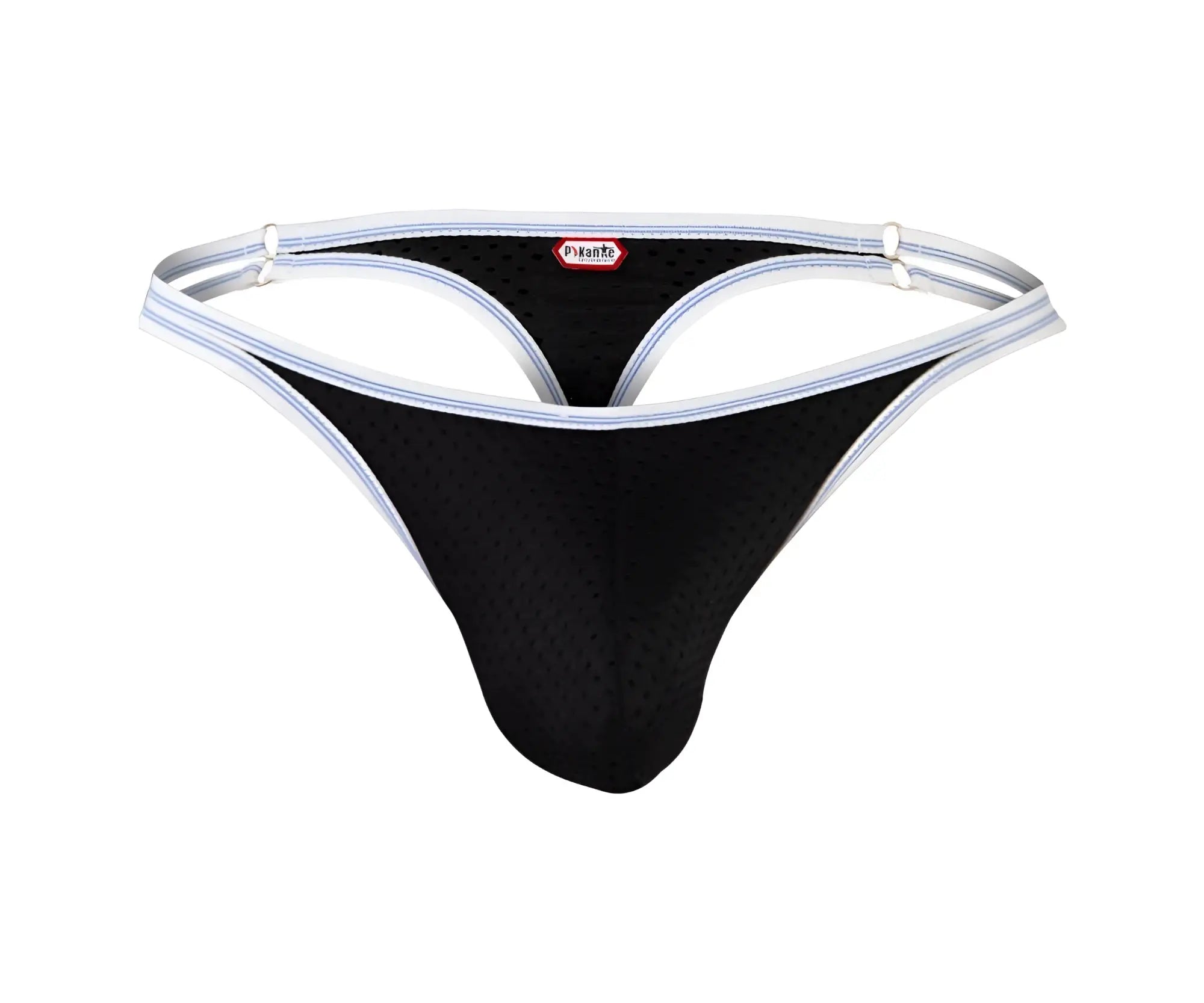 Black mesh thong with white trim and small red pikante brand tag from pikante pIK 0983 novo thongs collection