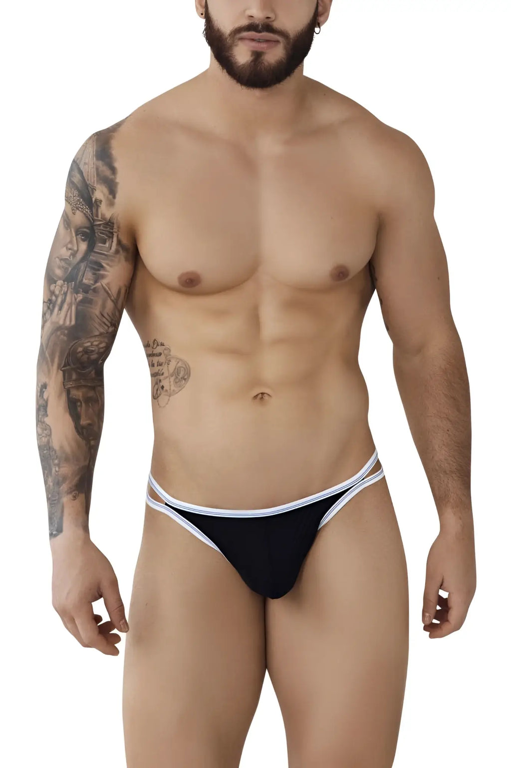 Black thong with white trim from pikante pik 0983 novo thongs showing the back side design and color details