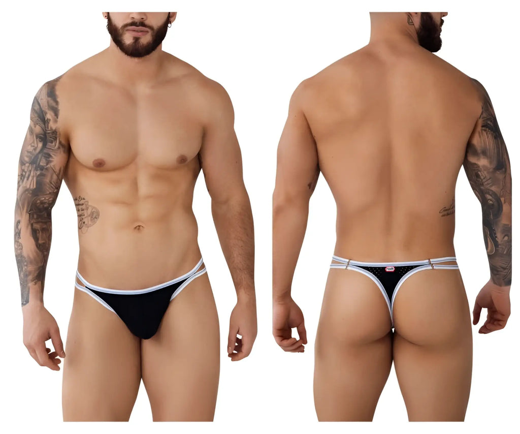 Black Pikante PIK 0983 Novo thong with white trim and small logo on backband shown from the back side