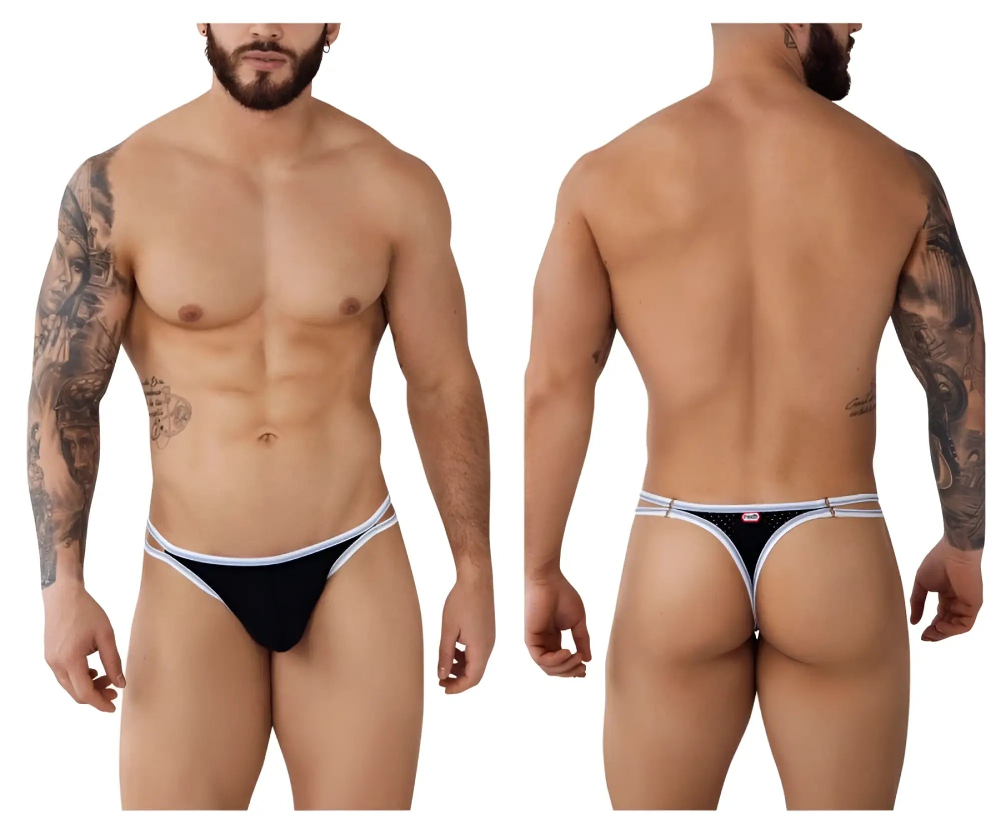 Black Pikante PIK 0983 Novo thong with white trim and small logo on backband shown from the back side