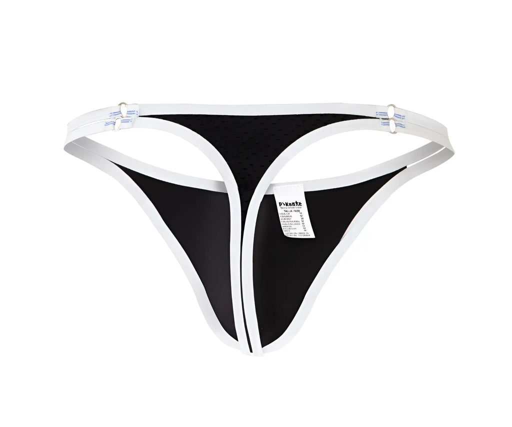 Black pikante PIK 0983 novo thong with mesh fabric, solid white trim, and adjustable elastic straps