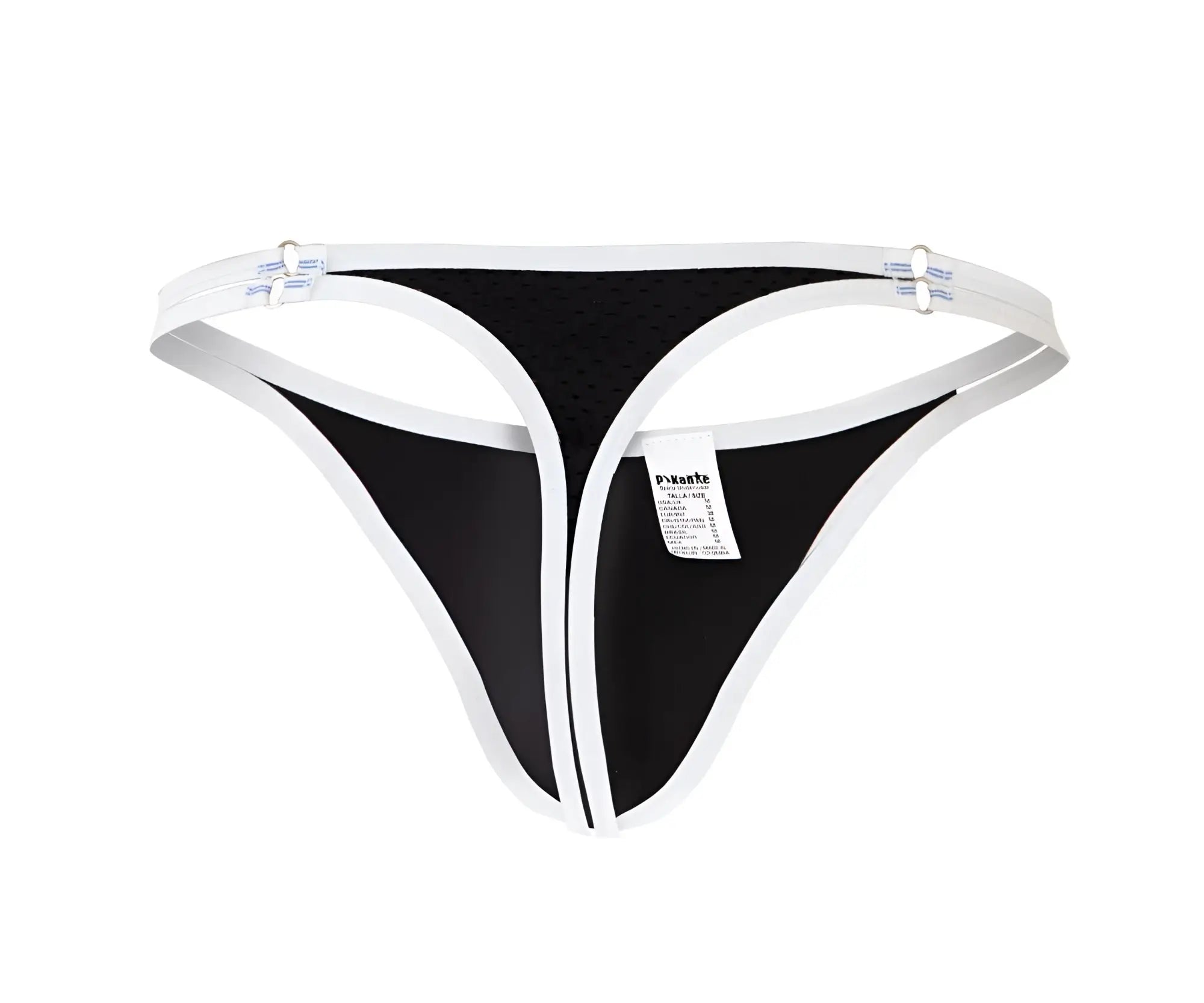 Black pikante PIK 0983 novo thong with mesh fabric, solid white trim, and adjustable elastic straps