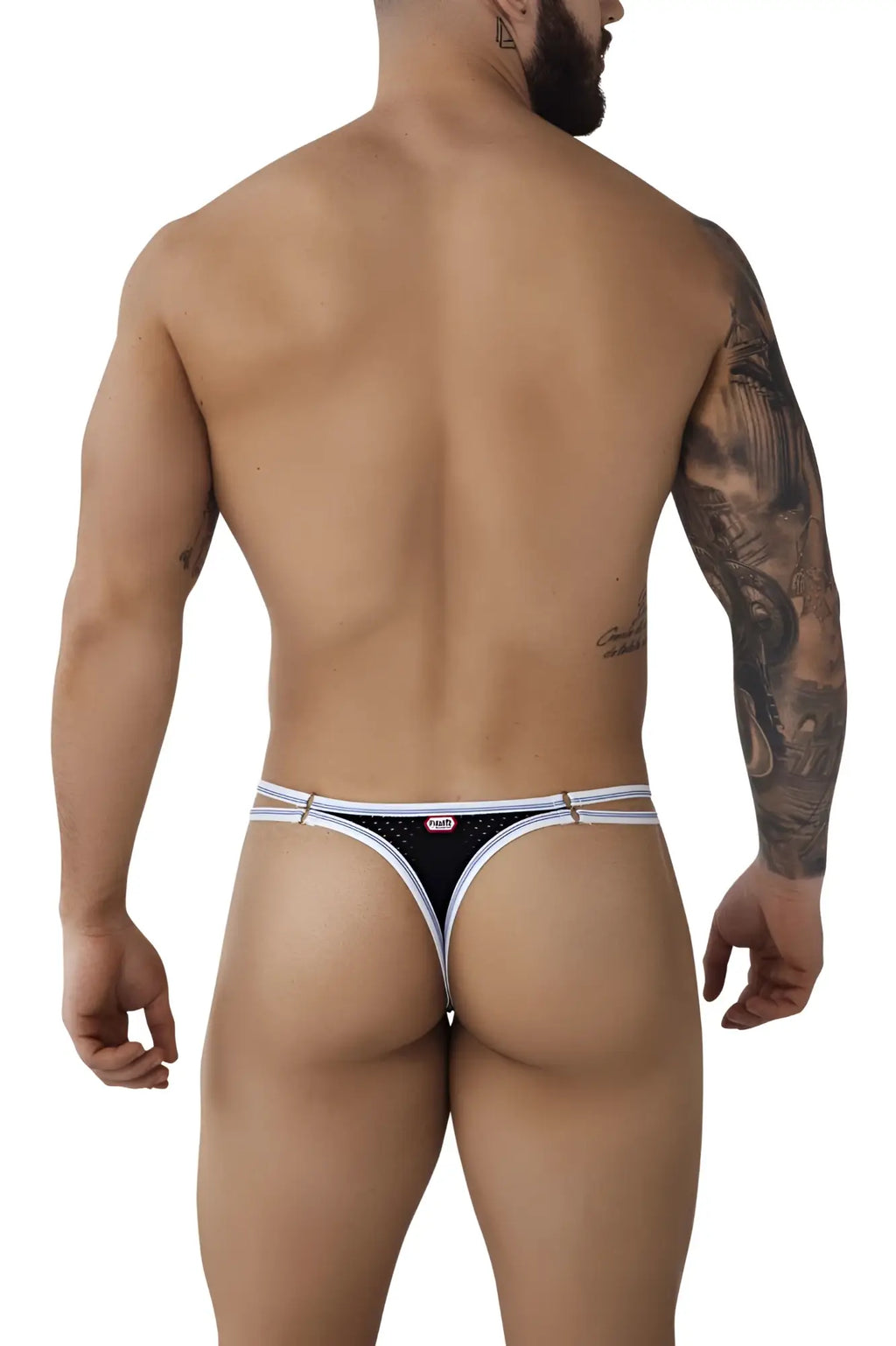 Black and white pikante PIK 0983 novo thong with subtle dotted pattern and logo on the waistband front view
