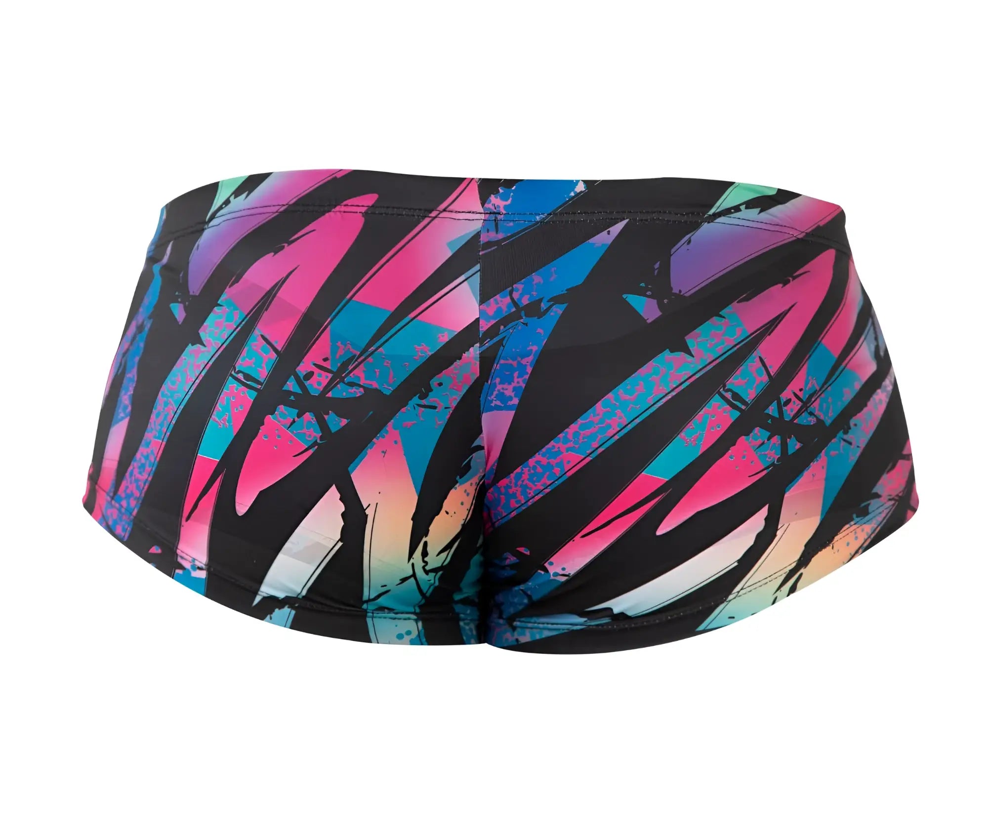 Pikante PIK 0988 Jartum trunks in vibrant pink blue and teal with black brushstroke accents swimwear pattern