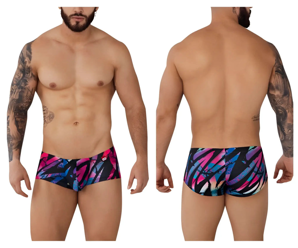 Vibrant pikante pik 0988 jartum trunks in bold pink blue and purple abstract pattern on black base for swimwear