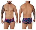 Vibrant pikante pik 0988 jartum trunks in bold pink blue and purple abstract pattern on black base for swimwear
