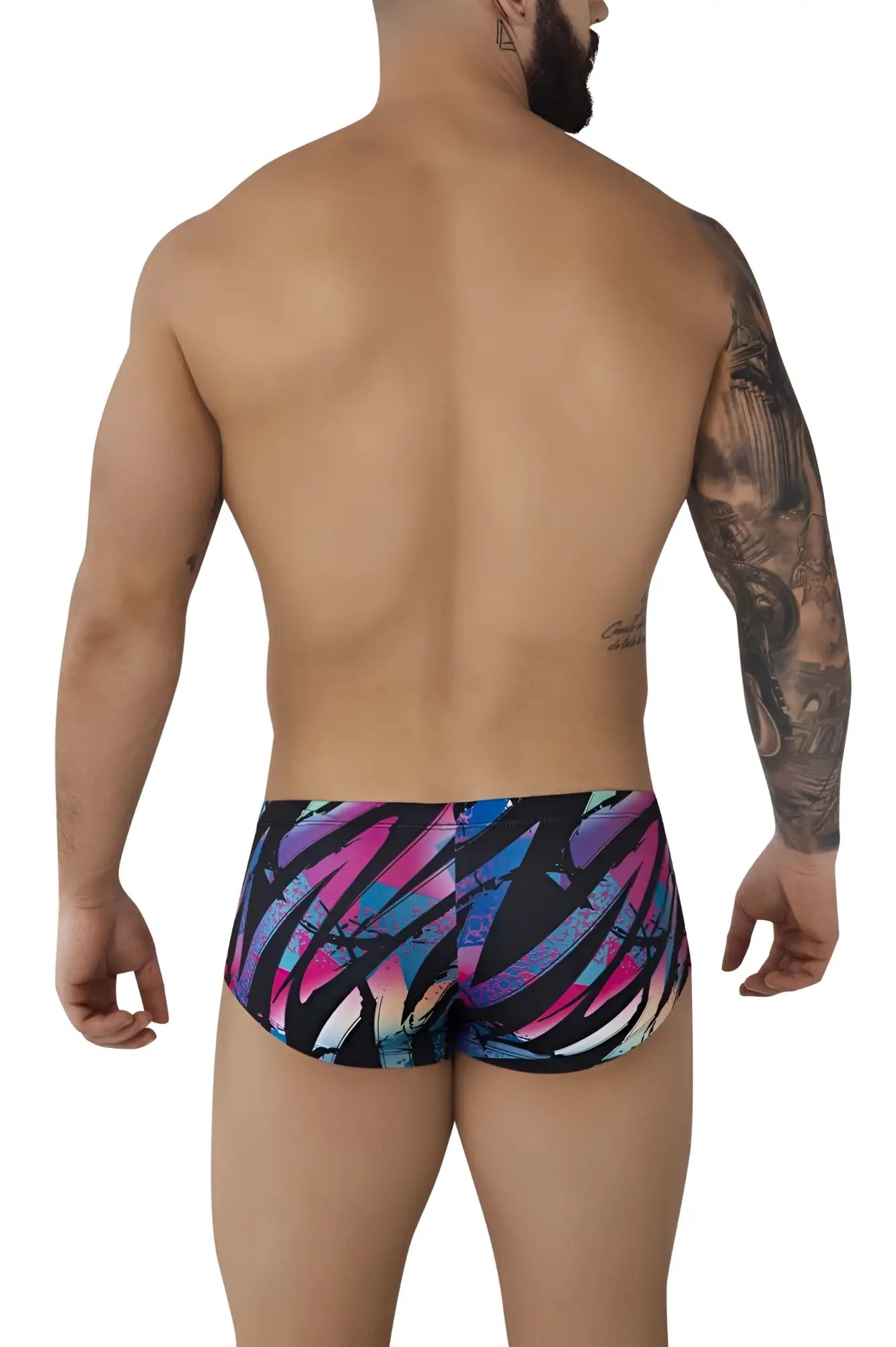 Pikante pik 0988 jartum trunks in black with vibrant abstract pink blue purple pattern and black accents
