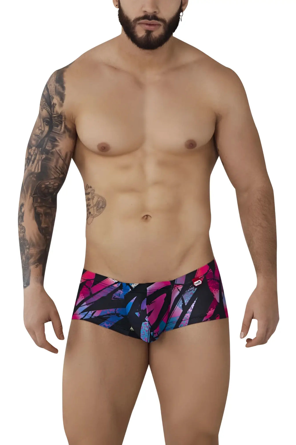 Vibrant geometric-patterned pikante pik 0988 jartum swim trunks in bold pink blue and black hues for men