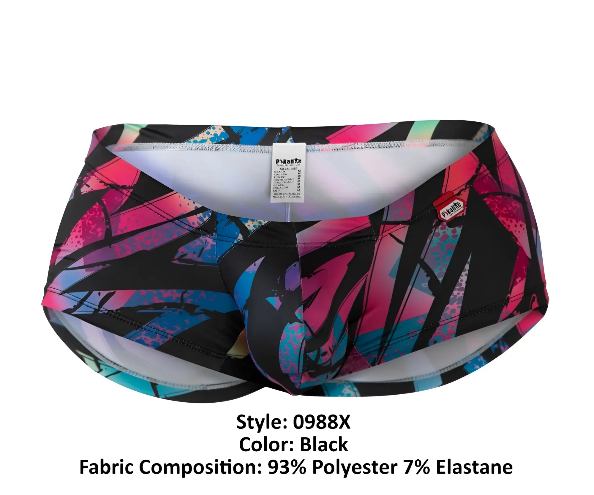 Pikante PIK 0988X Jartum trunks in black with vibrant pink blue and teal graffiti style abstract design