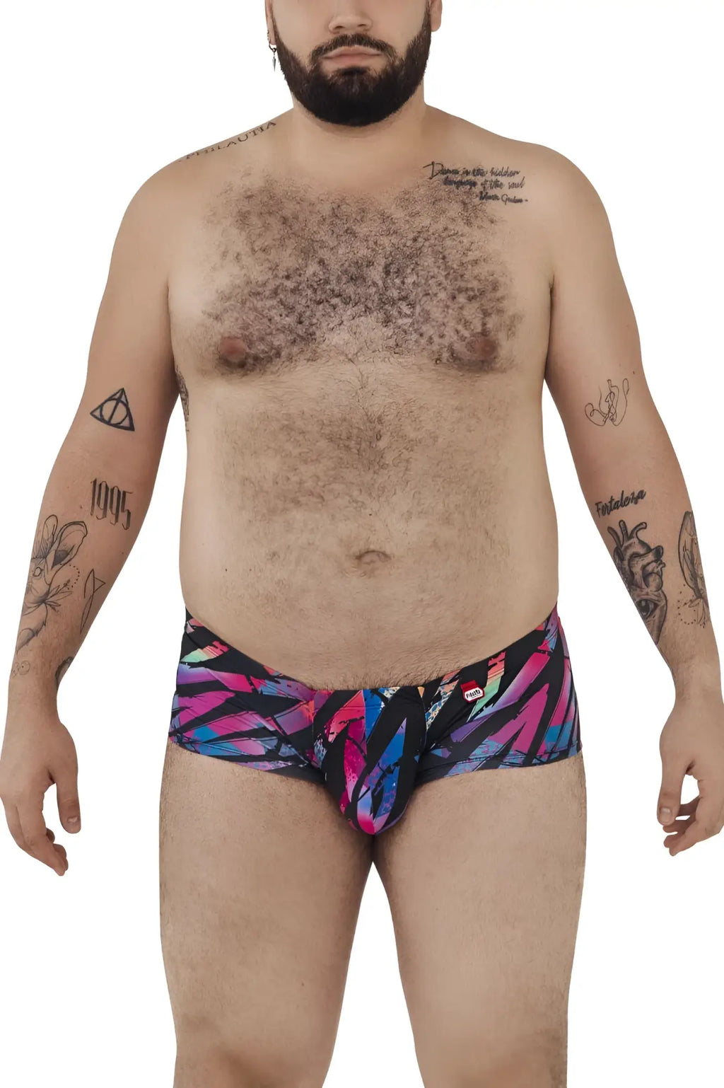 Pikante PIK 0988X Jartum trunks black featuring vibrant multicolored swim trunks with bold pink blue and black feather pattern