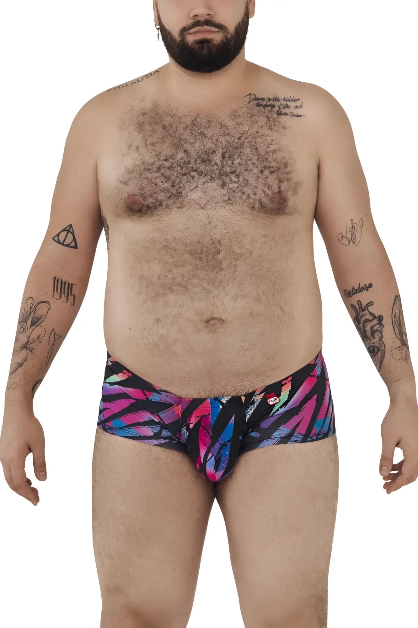 Pikante PIK 0988X Jartum trunks black featuring vibrant multicolored swim trunks with bold pink blue and black feather pattern