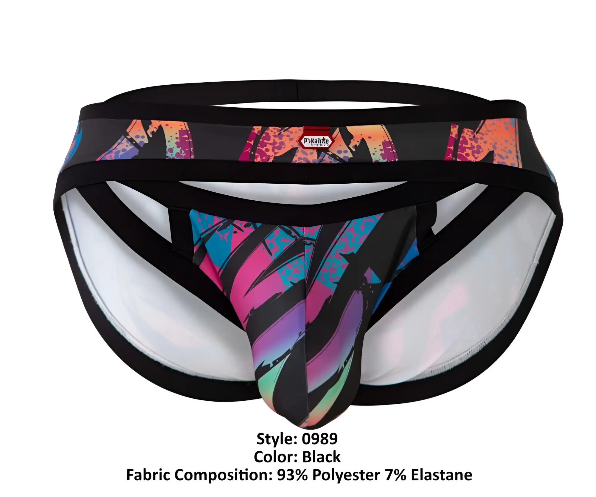 Black pikante pik 0989 jartum briefs featuring a vibrant abstract graffiti print in pink blue and purple hues