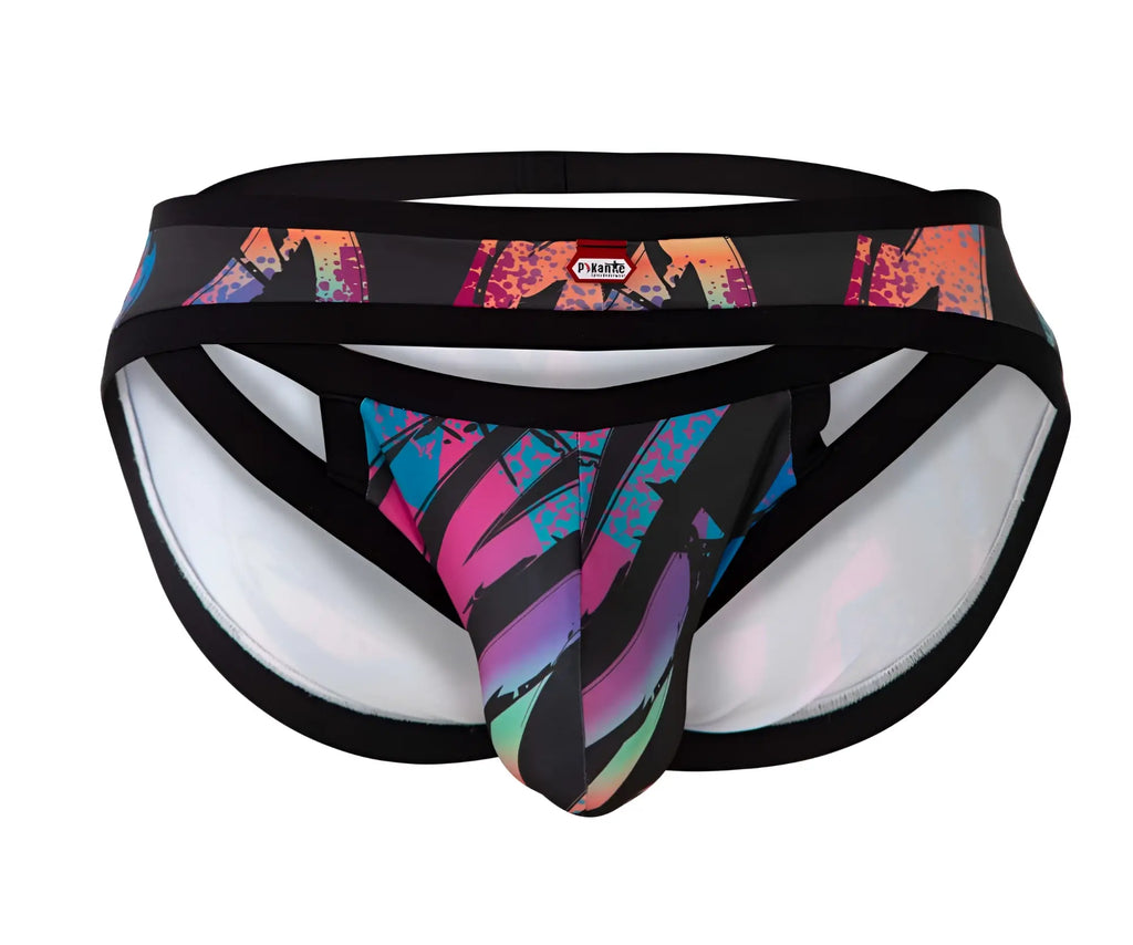 Pikante pik 0989 jartum briefs vibrant graffiti printed men’s briefs in black pink blue and purple with white interior lining