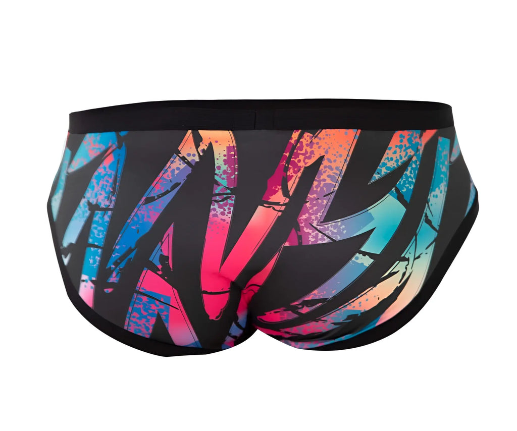 Pikante pik 0989 jartum briefs black swim trunks with vibrant graffiti print in black pink blue and orange on dark base