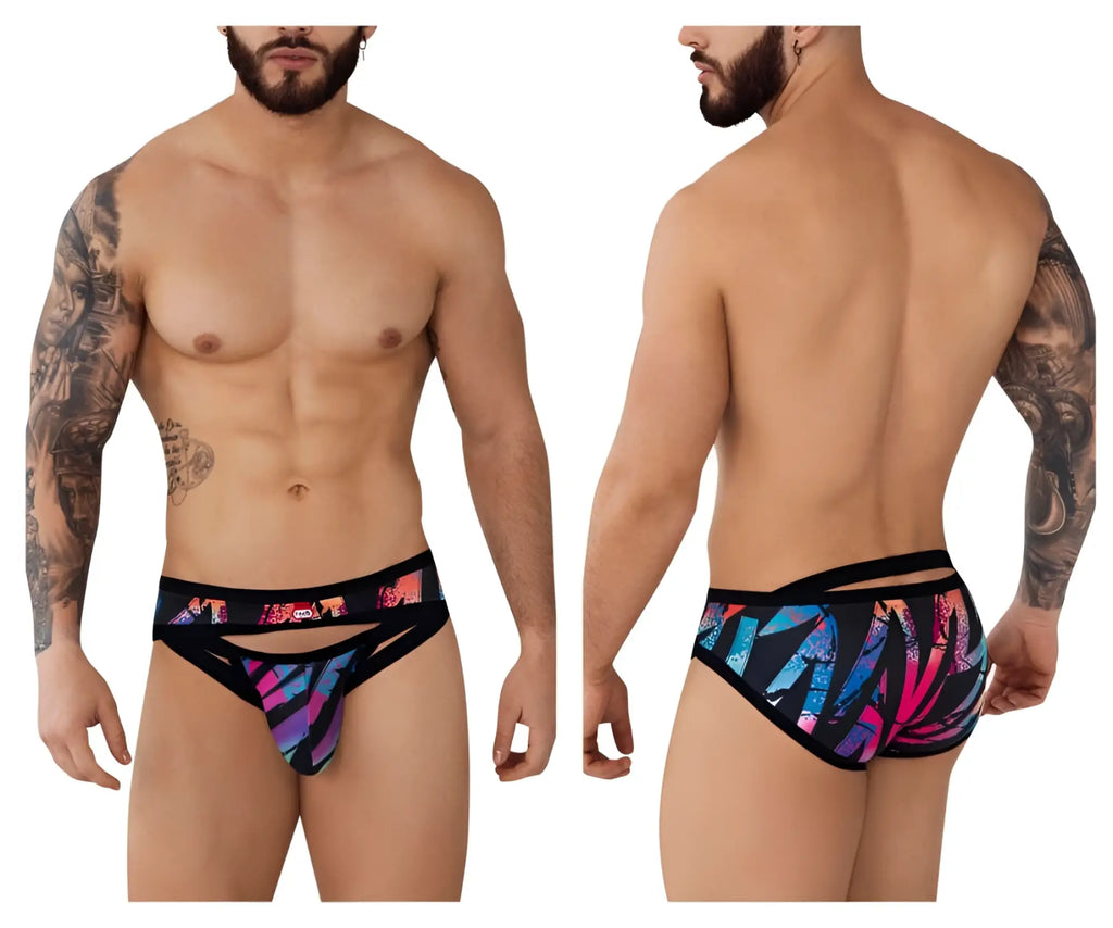 Pikante PIK 0989 jartum briefs in black feature vibrant multicolored abstract patterns with black trim and cut-out design