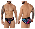 Pikante PIK 0989 jartum briefs in black feature vibrant multicolored abstract patterns with black trim and cut-out design