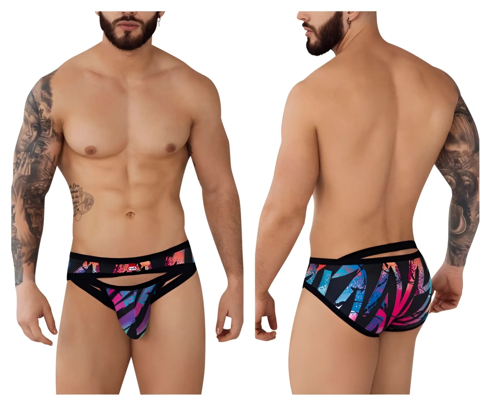 Pikante PIK 0989 jartum briefs in black feature vibrant multicolored abstract patterns with black trim and cut-out design