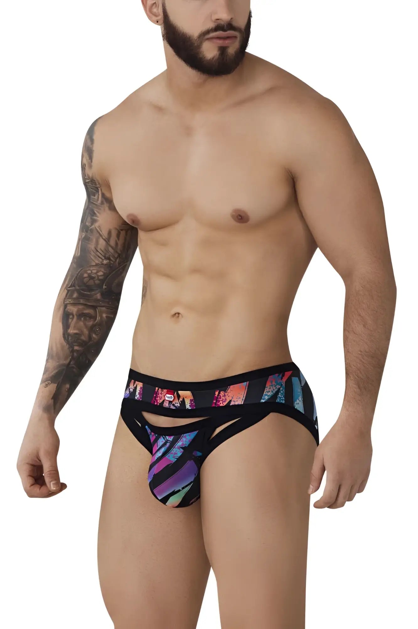 Black Pikante PIK 0989 Jartum briefs with vibrant multicolored geometric pattern and stylized waistband logo