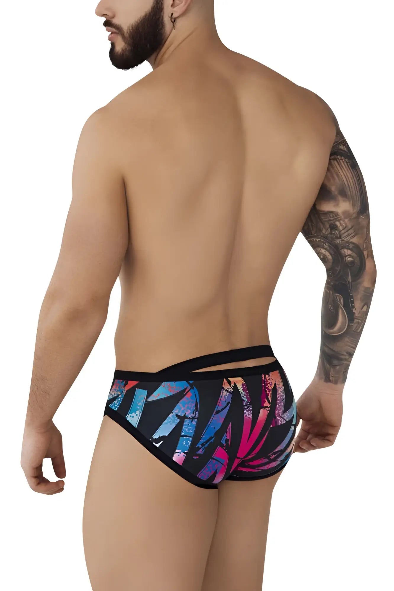 Pikante pik 0989 jartum briefs in black with vibrant tropical leaf pattern in pink and blue and bold graphic design