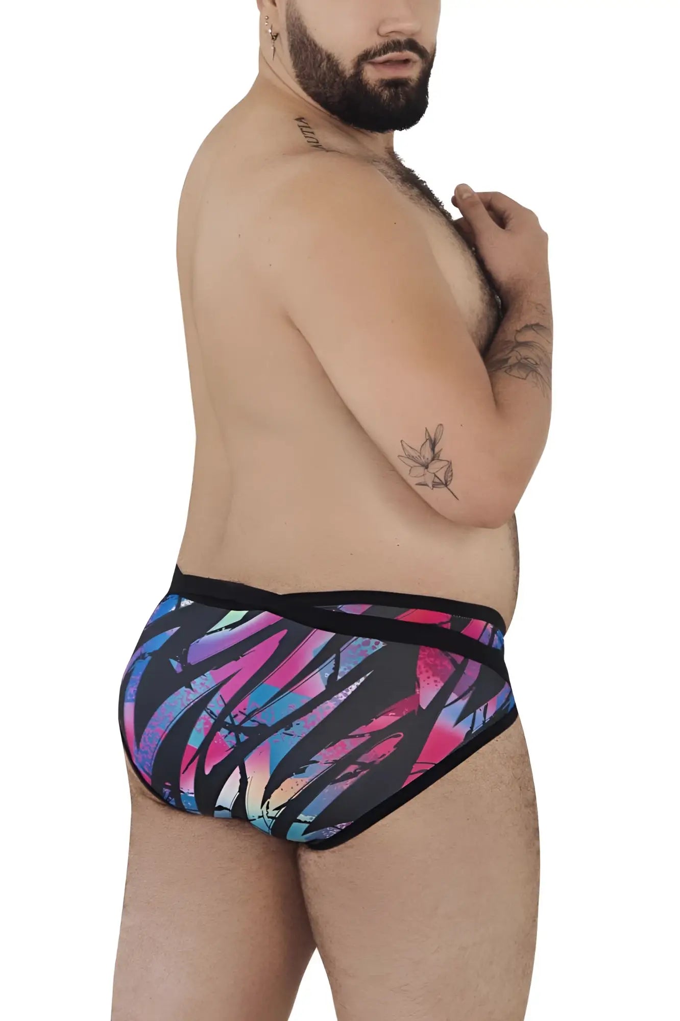 Pikante pik 0989x jartum briefs in vibrant pink blue and purple abstract pattern with black trim swim trunks