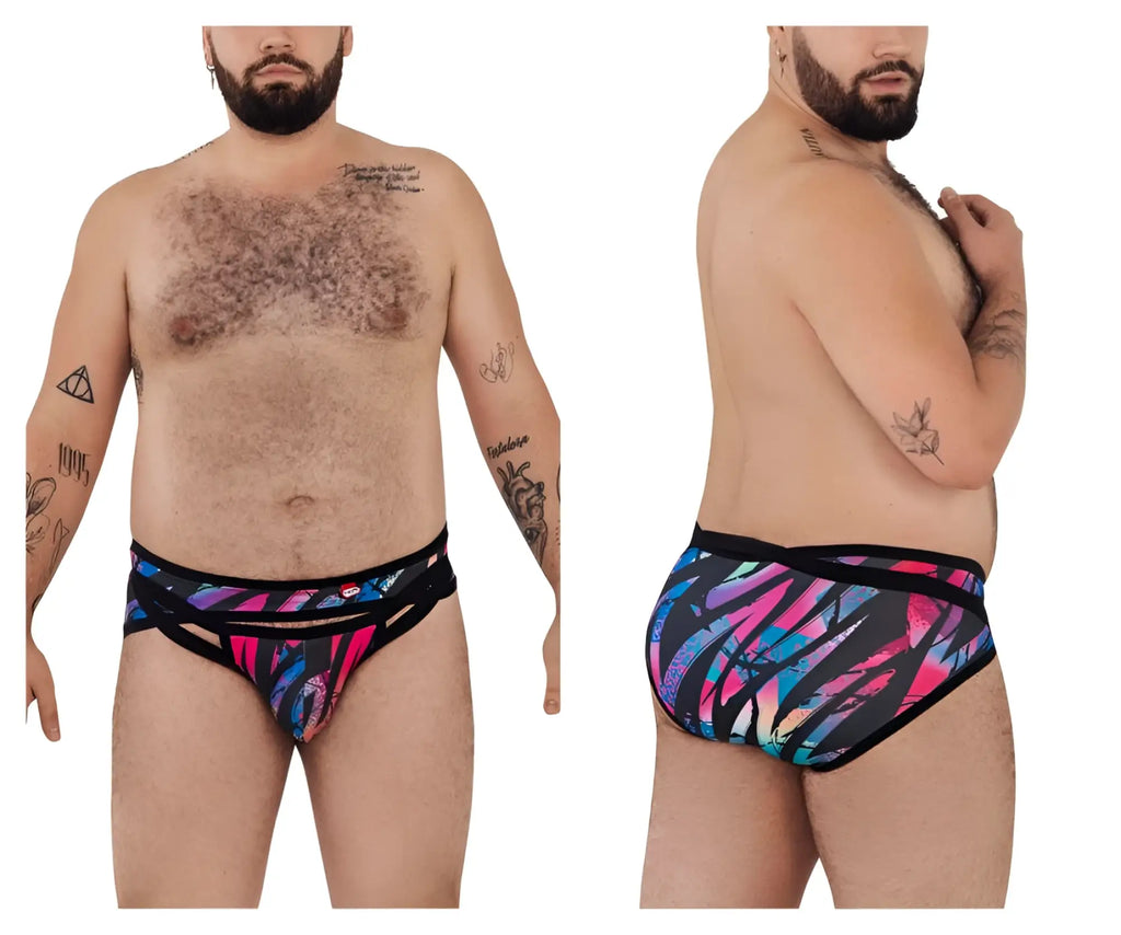 Vibrant pikante PIK 0989X jartum briefs with abstract pink and blue pattern on black swim trunks front side