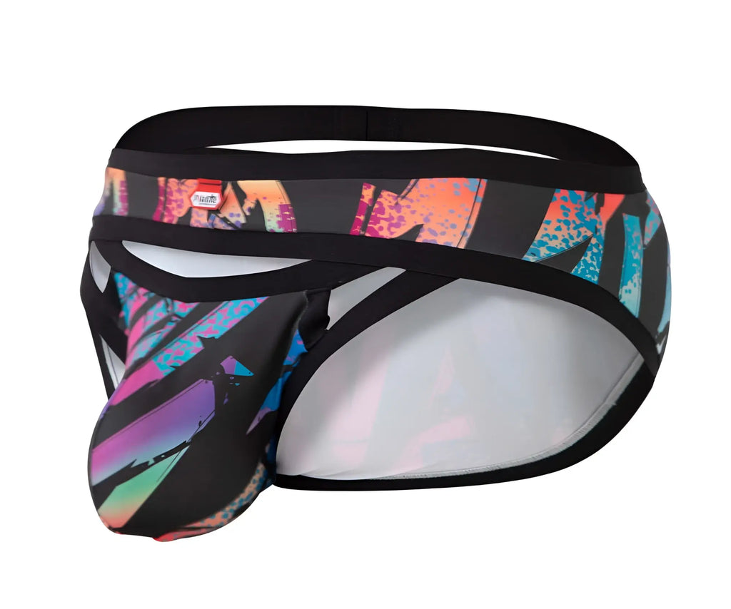 Vibrant graffiti-style printed men’s briefs with black elastic waistband and mesh panels pikante pik 0989x jartum briefs color black