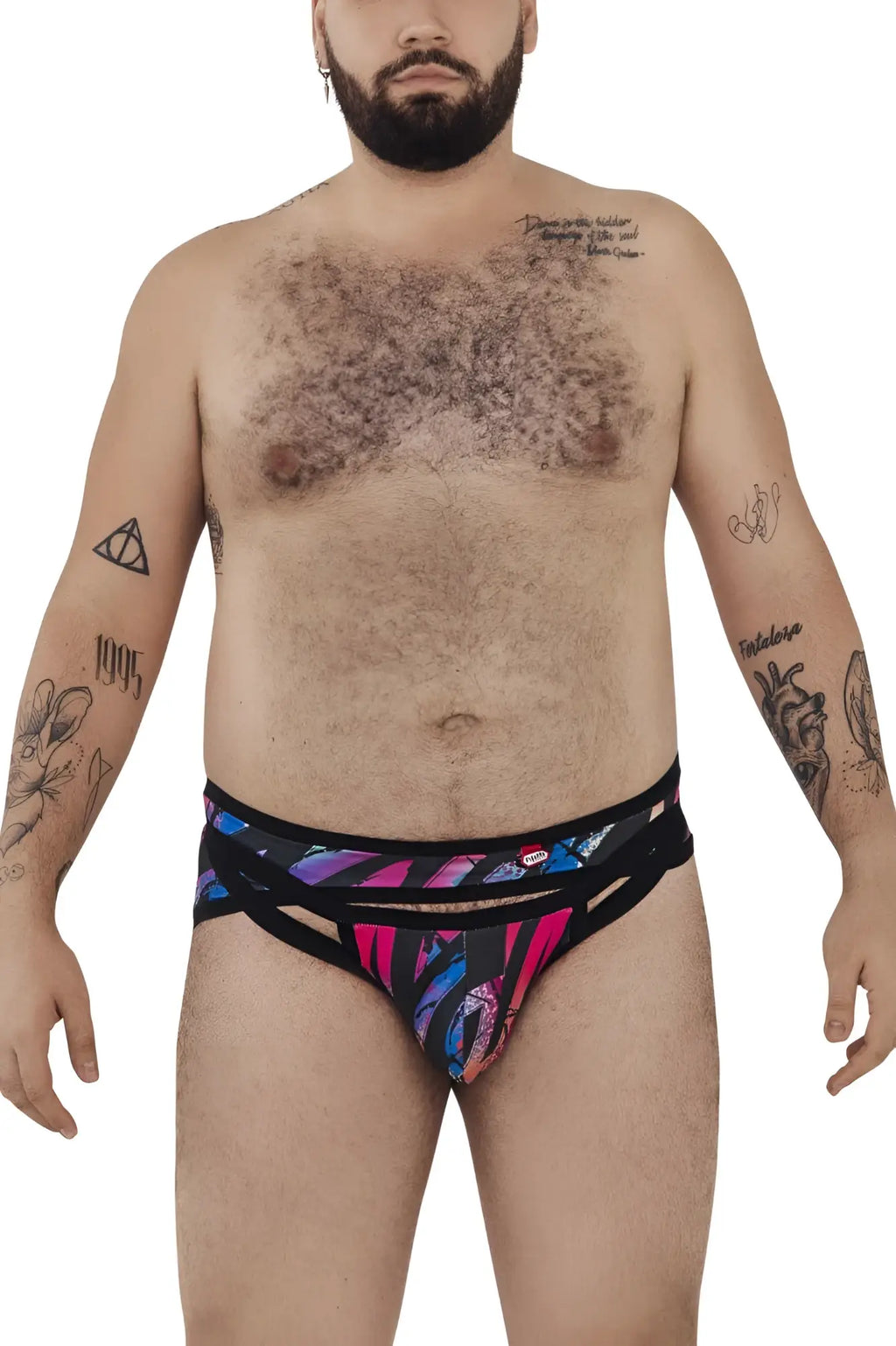 Pikante pik 0989x jartum briefs in black with vibrant pink and purple abstract patterns on a multicolored base