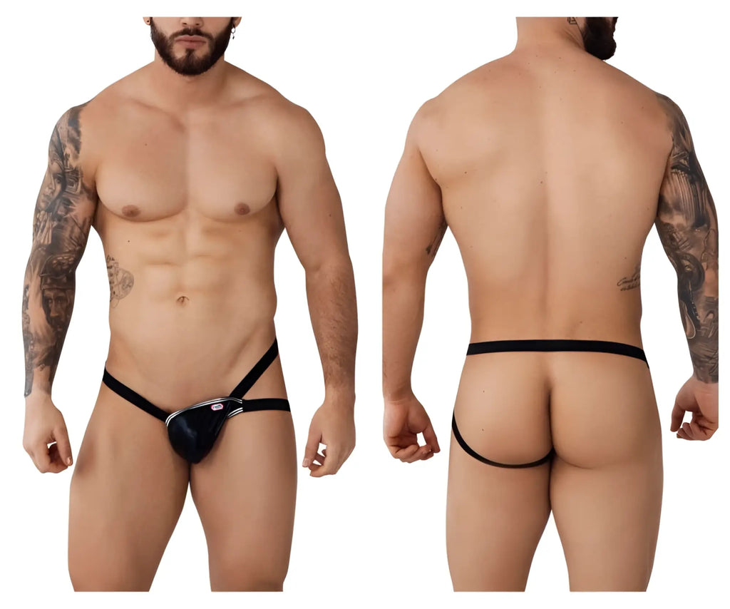 Black leather thong with silver metal clasp and branding detail from pikante pik 1013 napoles jockstrap collection