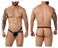 Black leather thong with silver metal clasp and branding detail from pikante pik 1013 napoles jockstrap collection