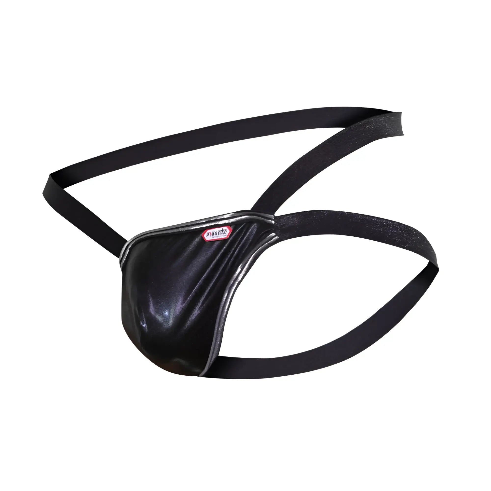 Black shiny faux leather thong with silver trim and adjustable straps from Pikante PIK 1013 Napoles jockstrap collection