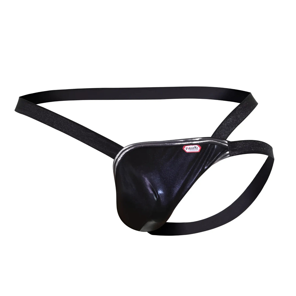 Pikante PIK 1013 napoles jockstrap black shiny latex thong with sleek design and adjustable straps shown from back