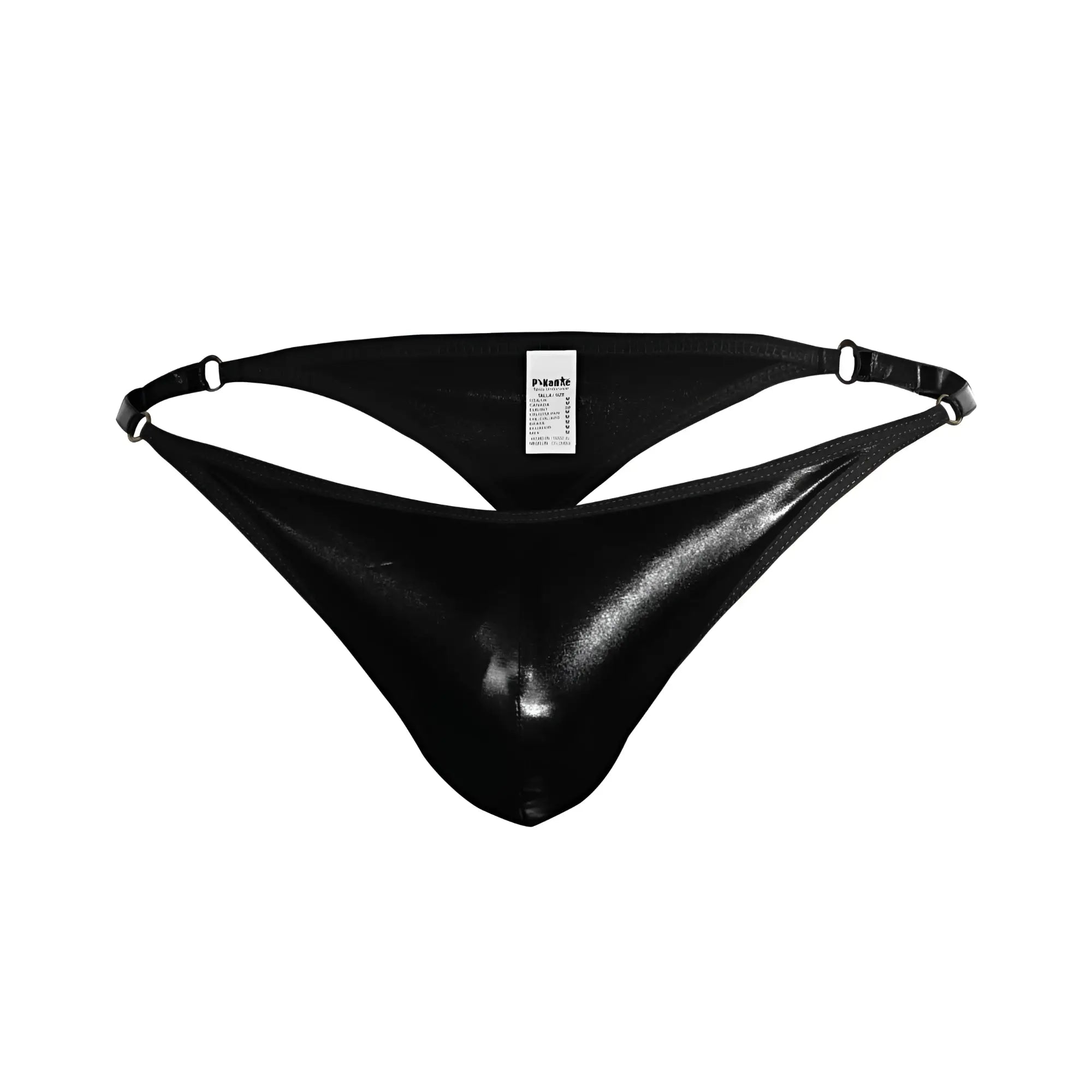 Black glossy latex thong with sleek form-fitting design and adjustable straps from pikante pik 1014 salerno collection