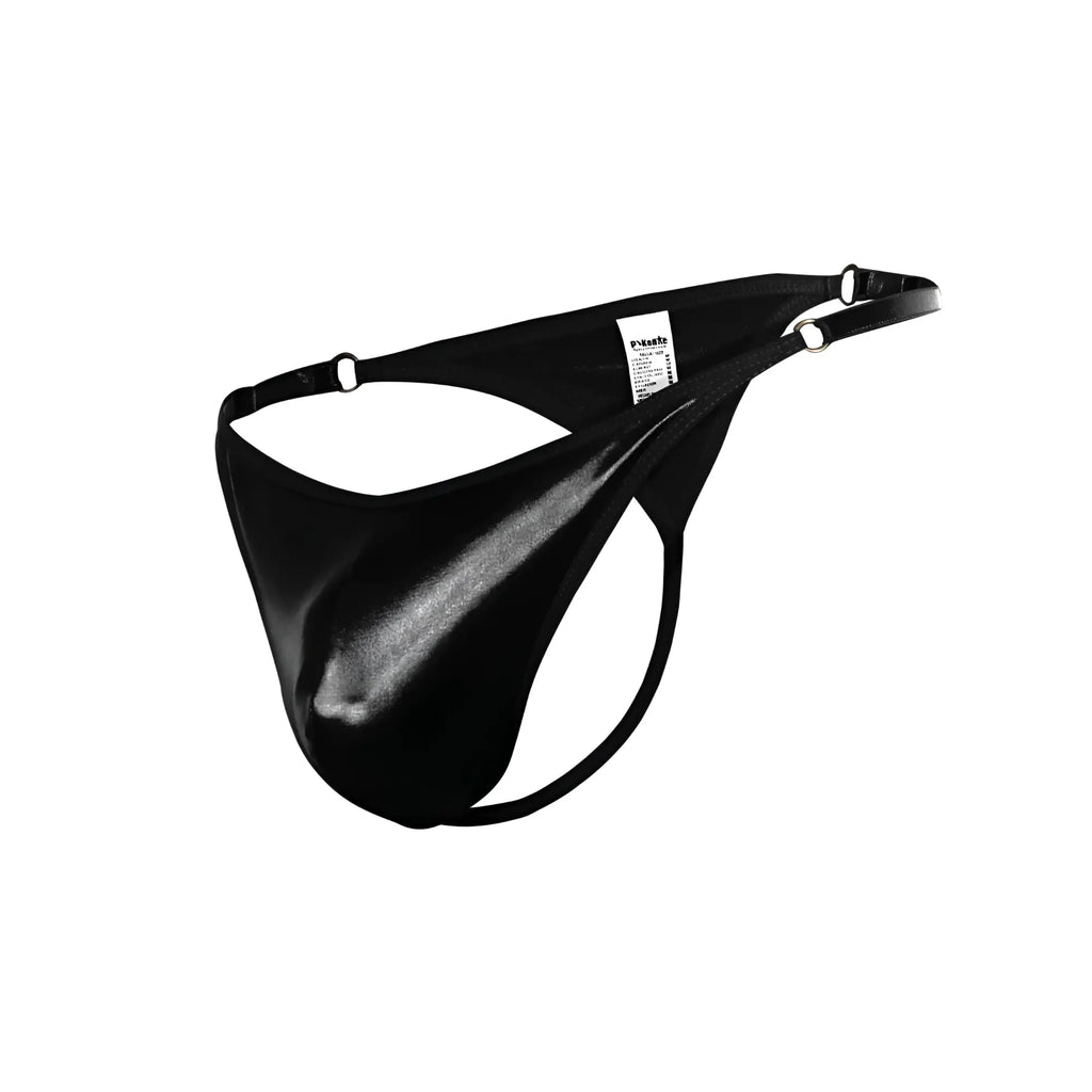 Black patent leather pikante pik 1014 salerno thong with sleek glossy finish and adjustable straps