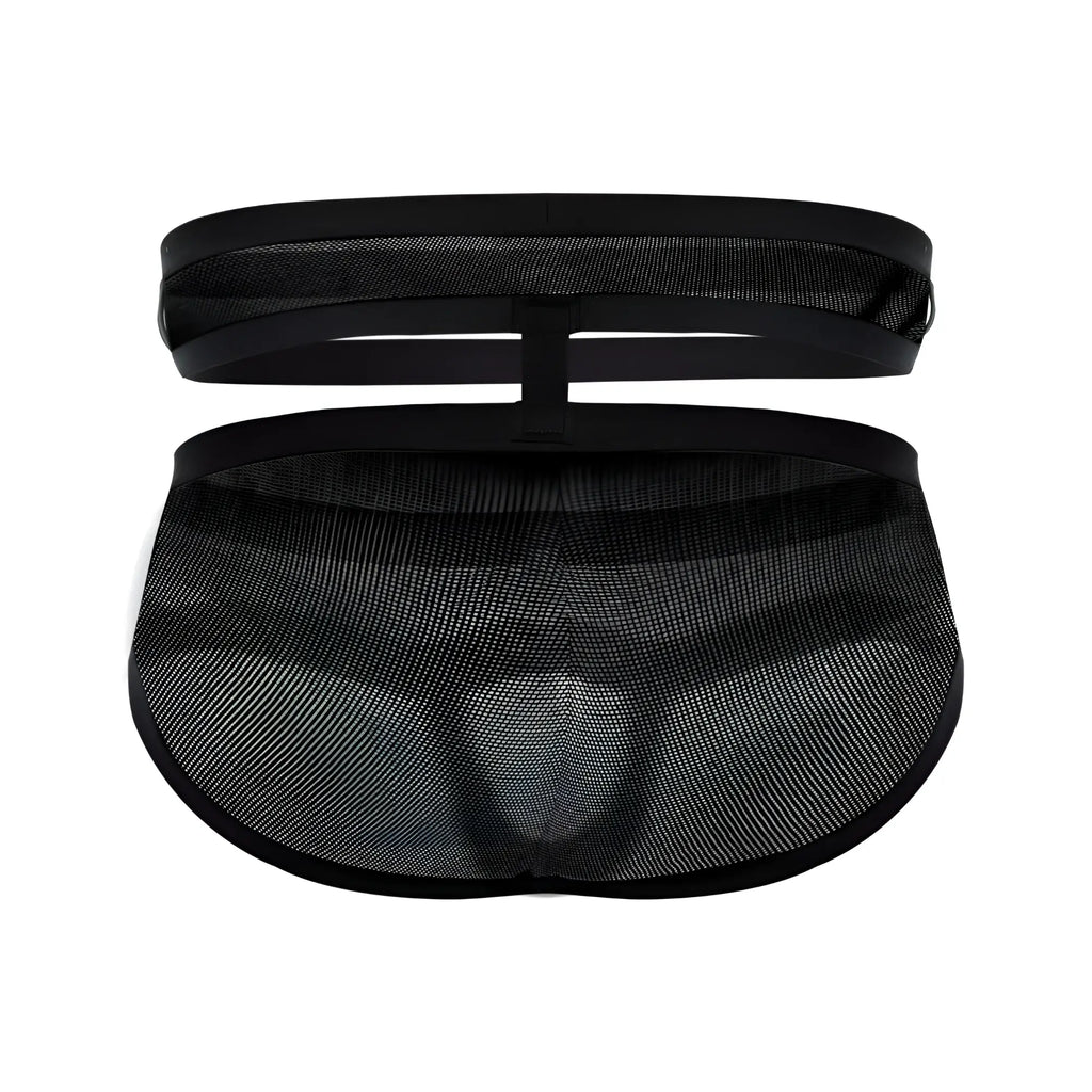 Black pikante PIK 1020 plasencia briefs featuring mesh fabric with solid black elastic waistband and side straps