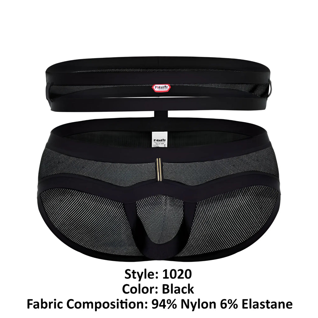 Black mesh Pikante PIK 1020 Plasencia briefs with solid black waistband side panels and central metallic clasp
