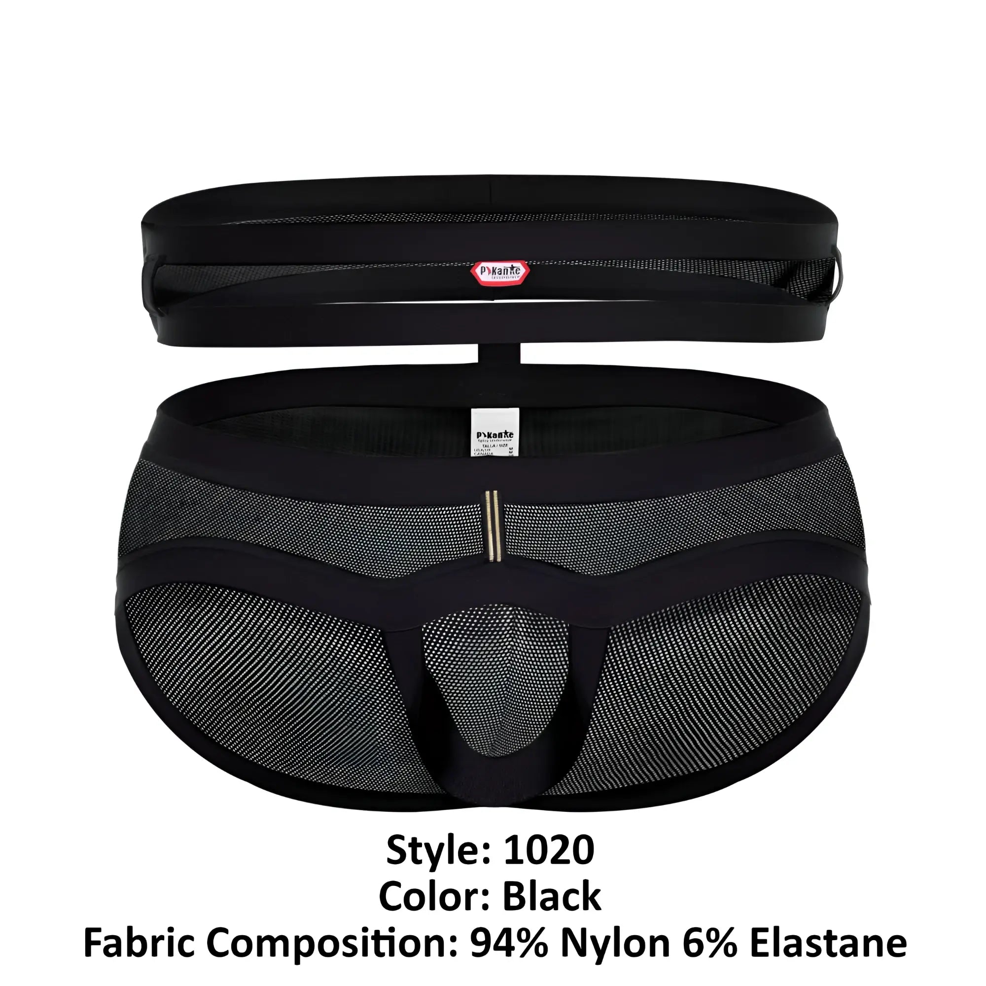 Black mesh Pikante PIK 1020 Plasencia briefs with solid black waistband side panels and central metallic clasp