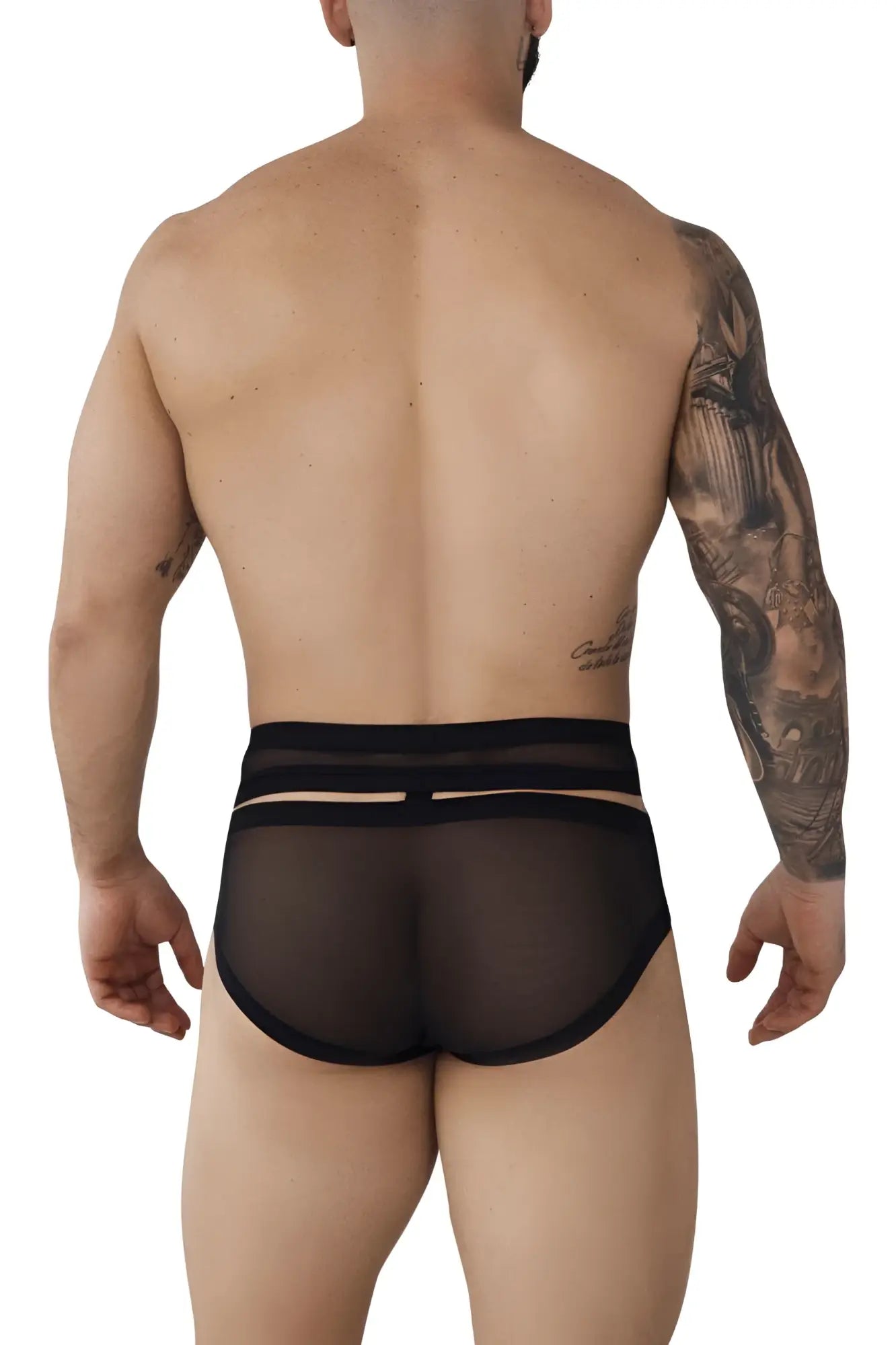 Black sheer mesh briefs with solid black elastic waistband and horizontal cutout details pikante PIK 1020 plasencia briefs