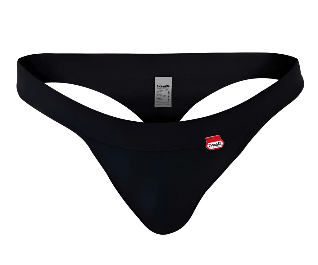 Black pikante terni thong with red and white logo patch on front designed for men’s comfort and style