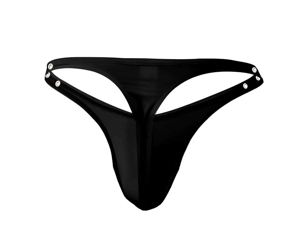 Black glossy nylon Pikante PIK 1025X Perusa thong with silver snap buttons on sides for adjustable fit