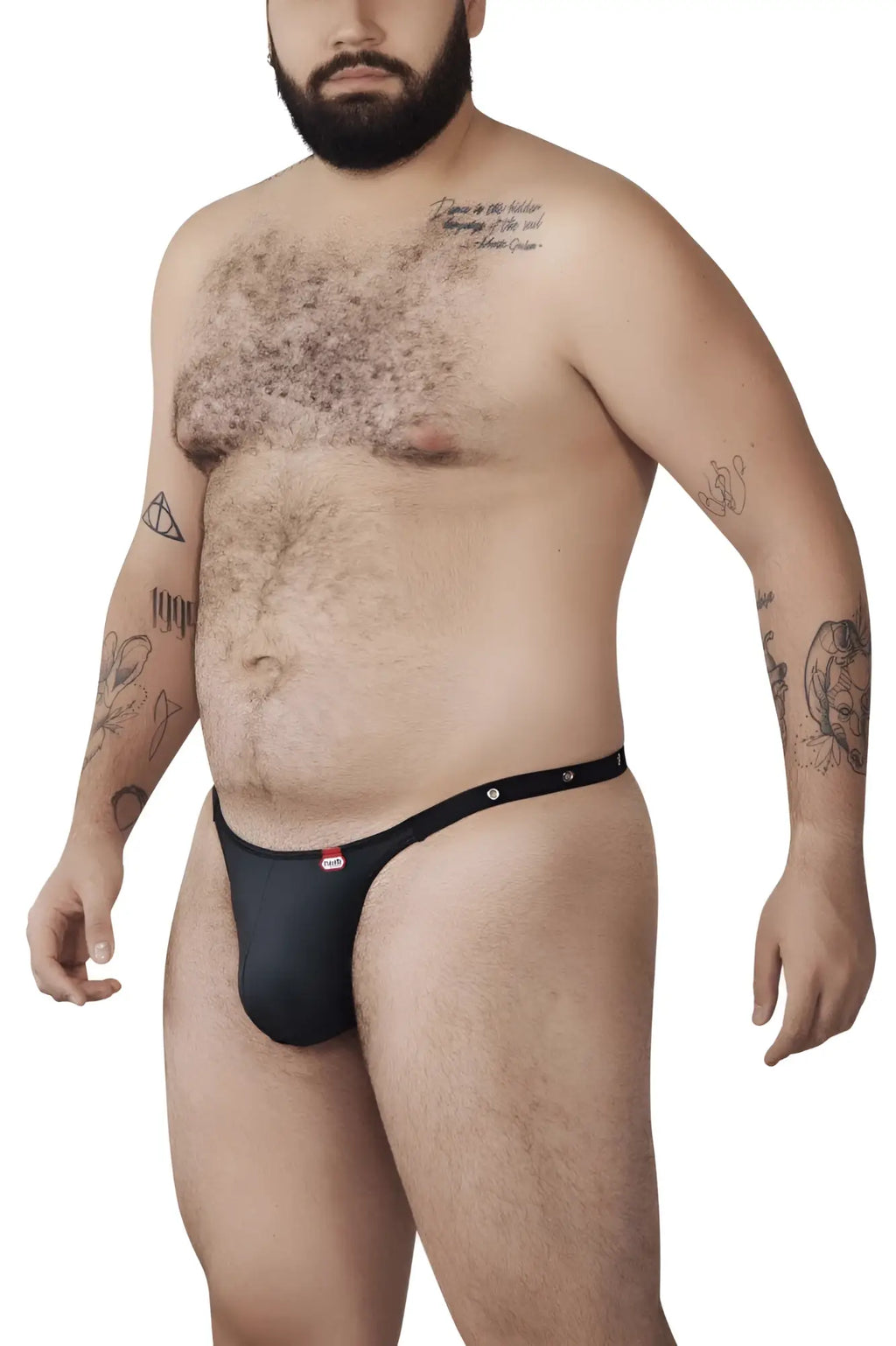 Black pikante pik 1025x perusa thong with thin waistband, three silver buttons, and red logo on the left side