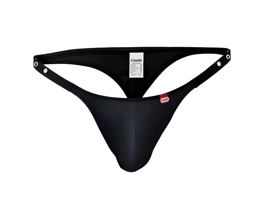 Black pikante pik 1025x perusa thong with sleek stretchy material and adjustable silver metal clasp side straps