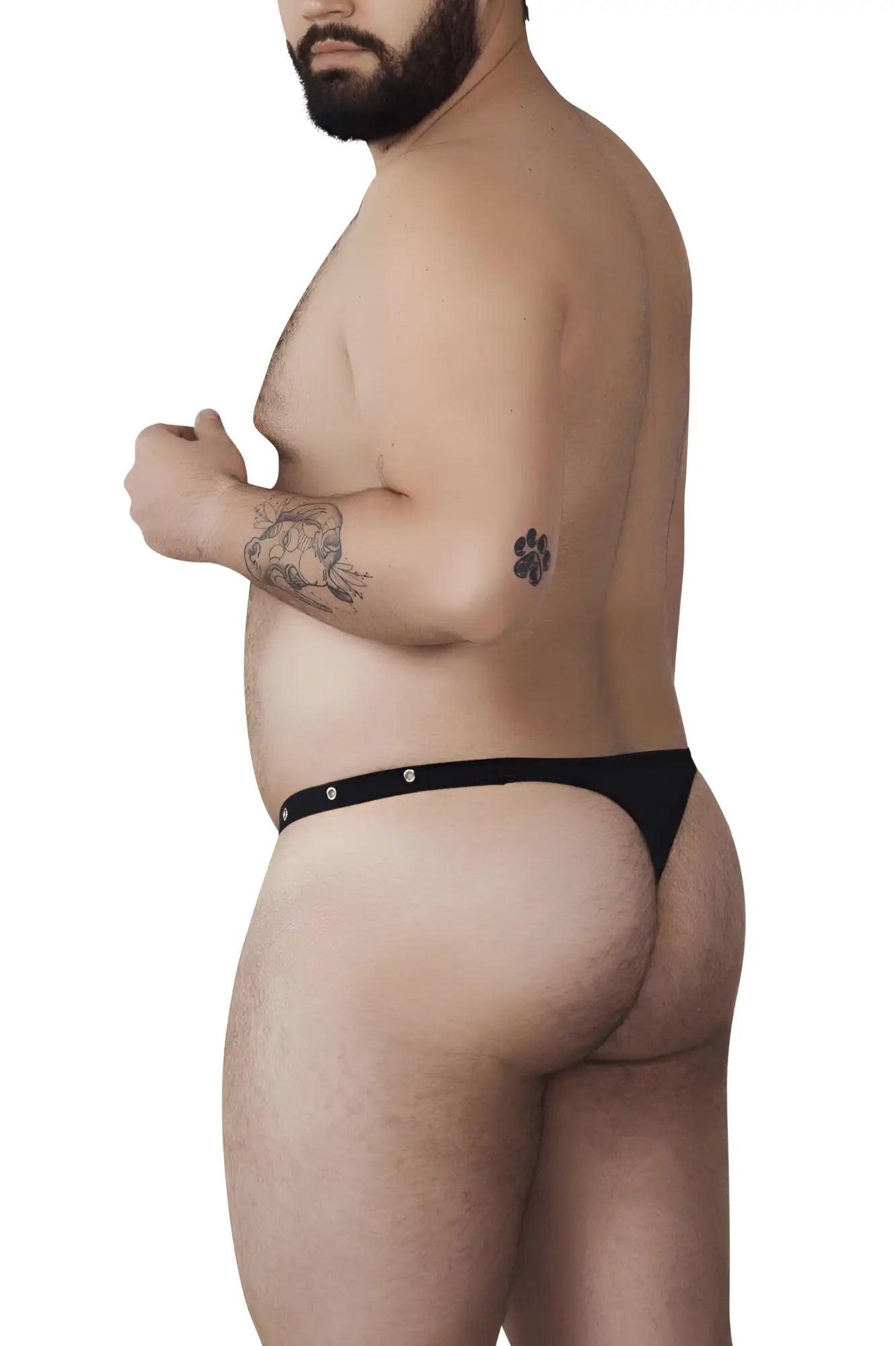 Black Pikante PIK 1025X Perusa thong with silver snap buttons front side in smooth fabric material