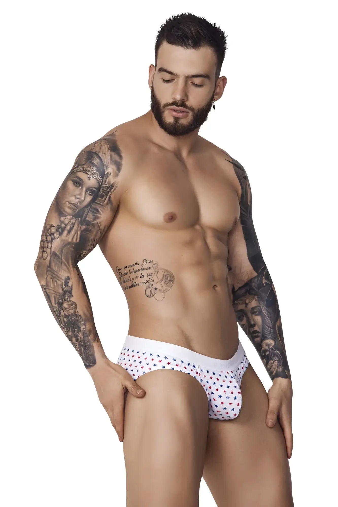 White briefs with colorful star pattern from pikante pik 1072 blaze briefs collection in white color
