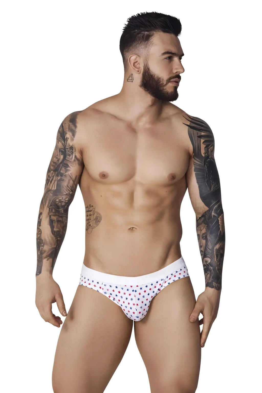 White pikante pik 1072 blaze briefs featuring small red and blue star pattern on soft breathable fabric